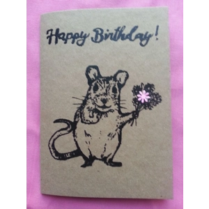 "Happy Birthday" Hand-printed Mouse Card, recycled card.