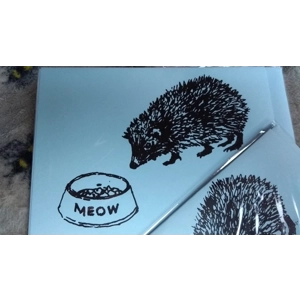 "Meow" hand-printed embellished hedgehog card,. Blue.
