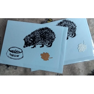 "Meow" hand-printed embellished hedgehog card,. Blue.