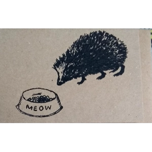 "Meow" hand-printed hedgehog card, recycled card.