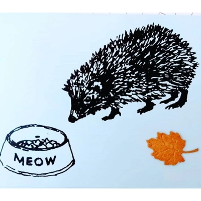 "Meow" hand-printed embellished hedgehog card,. Blue. title=