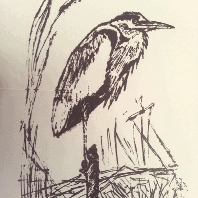 Heron, hand-printed card title=