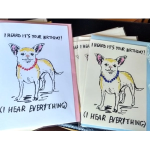 "I Heard it's your Birthday" hand-printed embellished Chihuahua card.