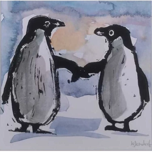 PENGUINS CARD, hand-printed, hand, painted