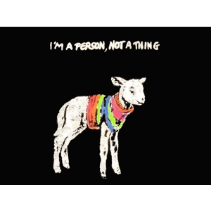 I'M A PERSON, NOT A THING, lamb-in-a-sweater design, hand-printed t shirt