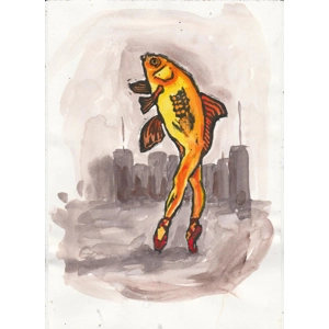 Mermaid in Cityscape, Original signed Linoprint, Hand-painted