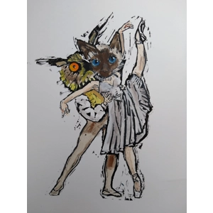 Owl & the Pussy Cat Signed Original Linoprint, Painted