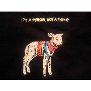 I'M A PERSON, NOT A THING, lamb-in-a-sweater design, hand-printed t shirt