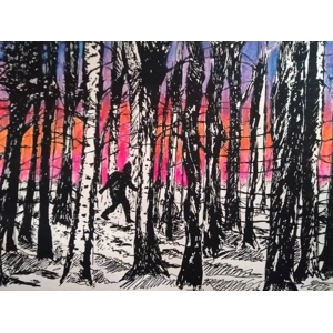 LONE SASQUATCH AT SUNSET, hand-coloured screen print