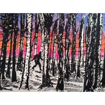 LONE SASQUATCH AT SUNSET, hand-coloured screen print title=