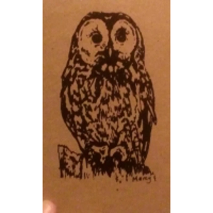 Tawny Owl: hand-printed card, recycled card