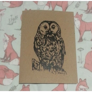 Tawny Owl: hand-printed card, recycled card