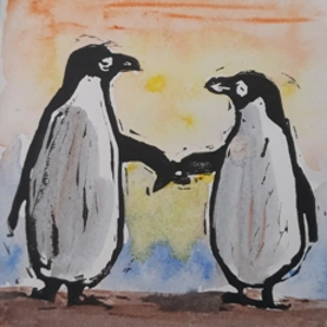 PENGUINS CARD, hand-printed, hand, painted