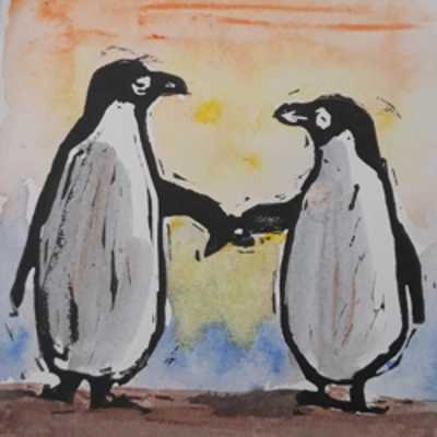 PENGUINS CARD, hand-printed, hand, painted title=