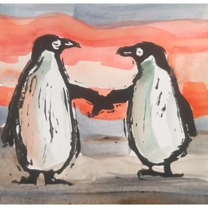PENGUINS CARD, hand-printed, hand, painted