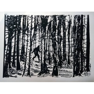 Lone Sasquatch Striding through the Forest. Original screenprint.