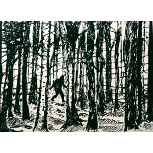 Lone Sasquatch Striding through the Forest. Original screenprint.