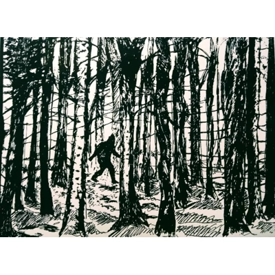 Lone Sasquatch Striding through the Forest. Original screenprint. title=