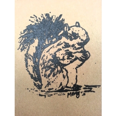 SQUIRREL CARD, standing squirrel hand-printed on recycled card. 10% profit to squirrel rescue. title=