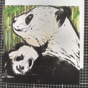 Panda Mother and Baby greetings card, hand-printed, hand-painted