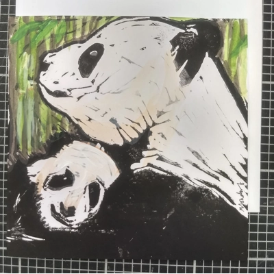 Panda Mother and Baby greetings card, hand-printed, hand-painted title=