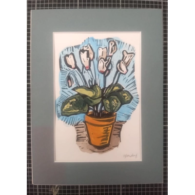Cyclamen Pot Plant, original painted linoprint title=