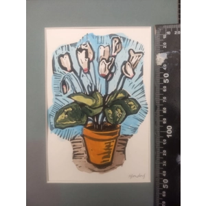 Cyclamen Pot Plant, original painted linoprint