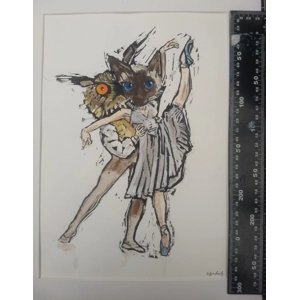 Owl & the Pussy Cat Signed Original Linoprint, Painted