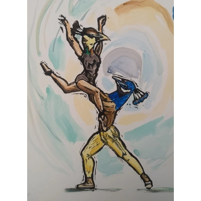 Dancing Peacock Pair. Signed Original Linoprint, Painted title=