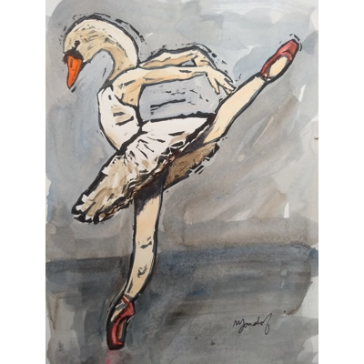 Swan Lake Ballet Dancer, Signed Original Linoprint, Painted title=