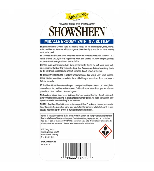 Absorbine ShowSheen Miracle Groom 946ml waterless horse shampoo spray bottle