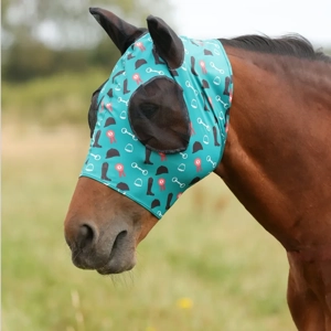 Hy Equestrian Lycra Boot & Bit Print Fly Mask Teal/Black