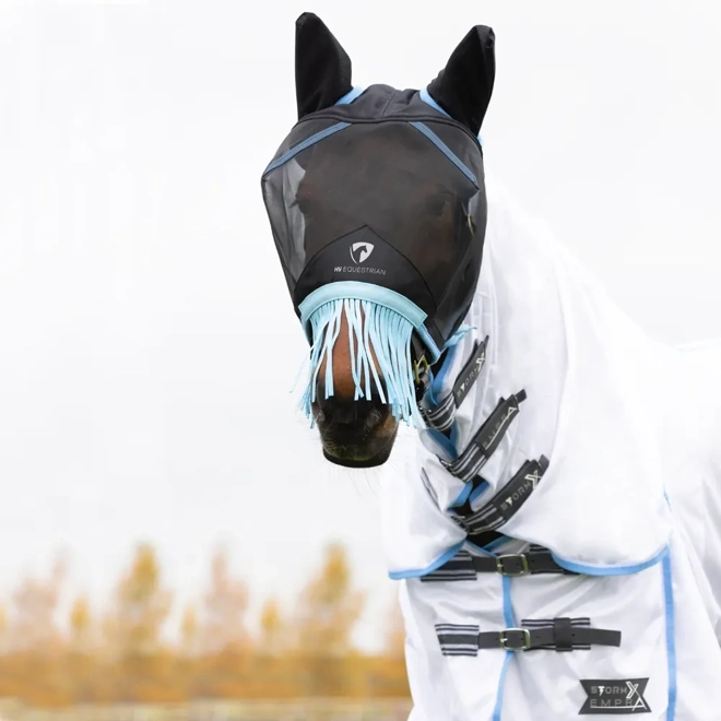 Additional Image for Hy Equestrian Mesh Half Mask with Ears and Fringe   Black/Light Blue