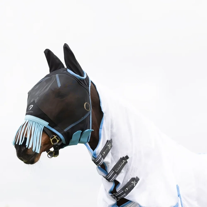 product Image for Hy Equestrian Mesh Half Mask with Ears and Fringe   Black/Light Blue