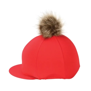 Hy Equestrian Hat Cover with Faux Fur Pom Pom  Red