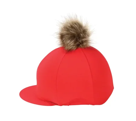 Hy Equestrian Hat Cover with Faux Fur Pom Pom Red