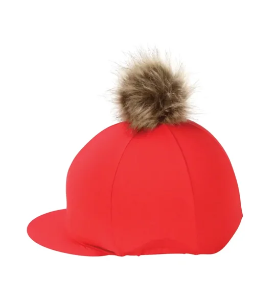Hy Equestrian Hat Cover with Faux Fur Pom Pom Red