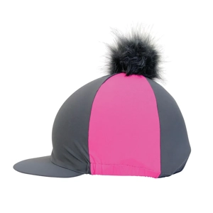 Hy Equestrian Hat Cover with Faux Fur Pom Pom Grey/Pink