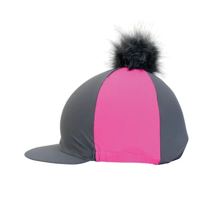 Hy Equestrian Hat Cover with Faux Fur Pom Pom Grey/Pink