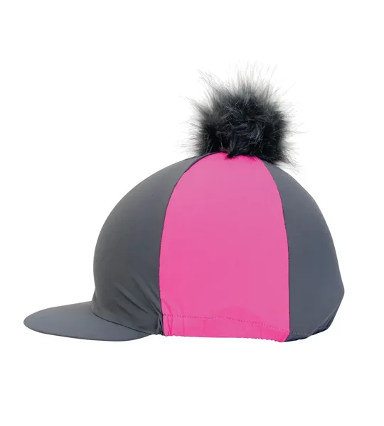 Hy Equestrian Hat Cover with Faux Fur Pom Pom Grey/Pink