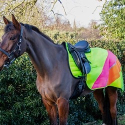 Reflector Quarter Mesh Exercise Sheet by Hy Equestrian - Yellow/Pink/Orange