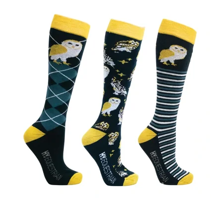 Hy Equestrian Night Owl Socks (Pack of 3) Adult 4-8 Navy/Yellow