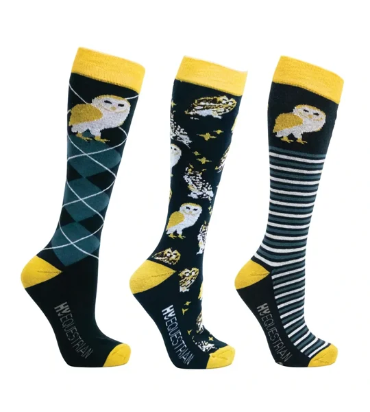 Hy Equestrian Night Owl Socks (Pack of 3) Adult 4-8 Navy/Yellow