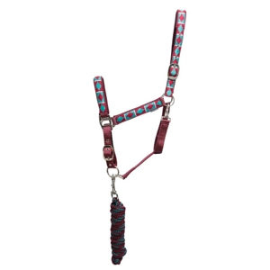 Hy Equestrian Woven Polo Head Collar and Lead Rope  Aqua/Fig