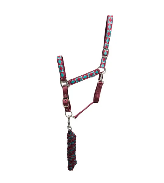 Hy Equestrian Woven Polo Head Collar and Lead Rope Aqua/Fig