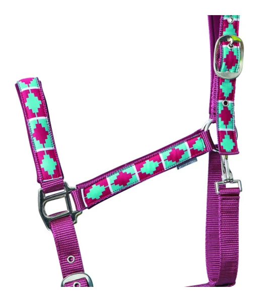 Hy Equestrian Woven Polo Head Collar and Lead Rope Aqua/Fig