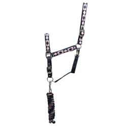 Hy Equestrian Woven Polo Head Collar and Lead Rope   Navy/Rose