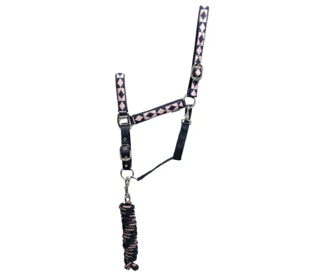 Hy Equestrian Woven Polo Head Collar and Lead Rope Navy/Rose