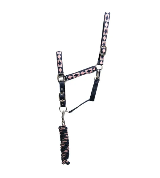 Hy Equestrian Woven Polo Head Collar and Lead Rope Navy/Rose