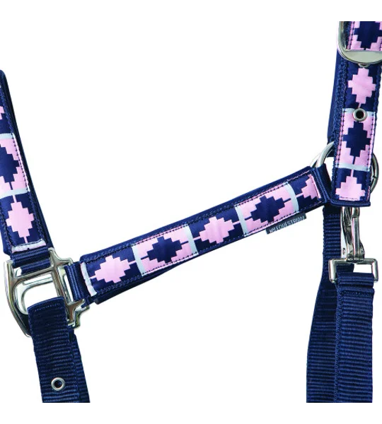 Hy Equestrian Woven Polo Head Collar and Lead Rope Navy/Rose